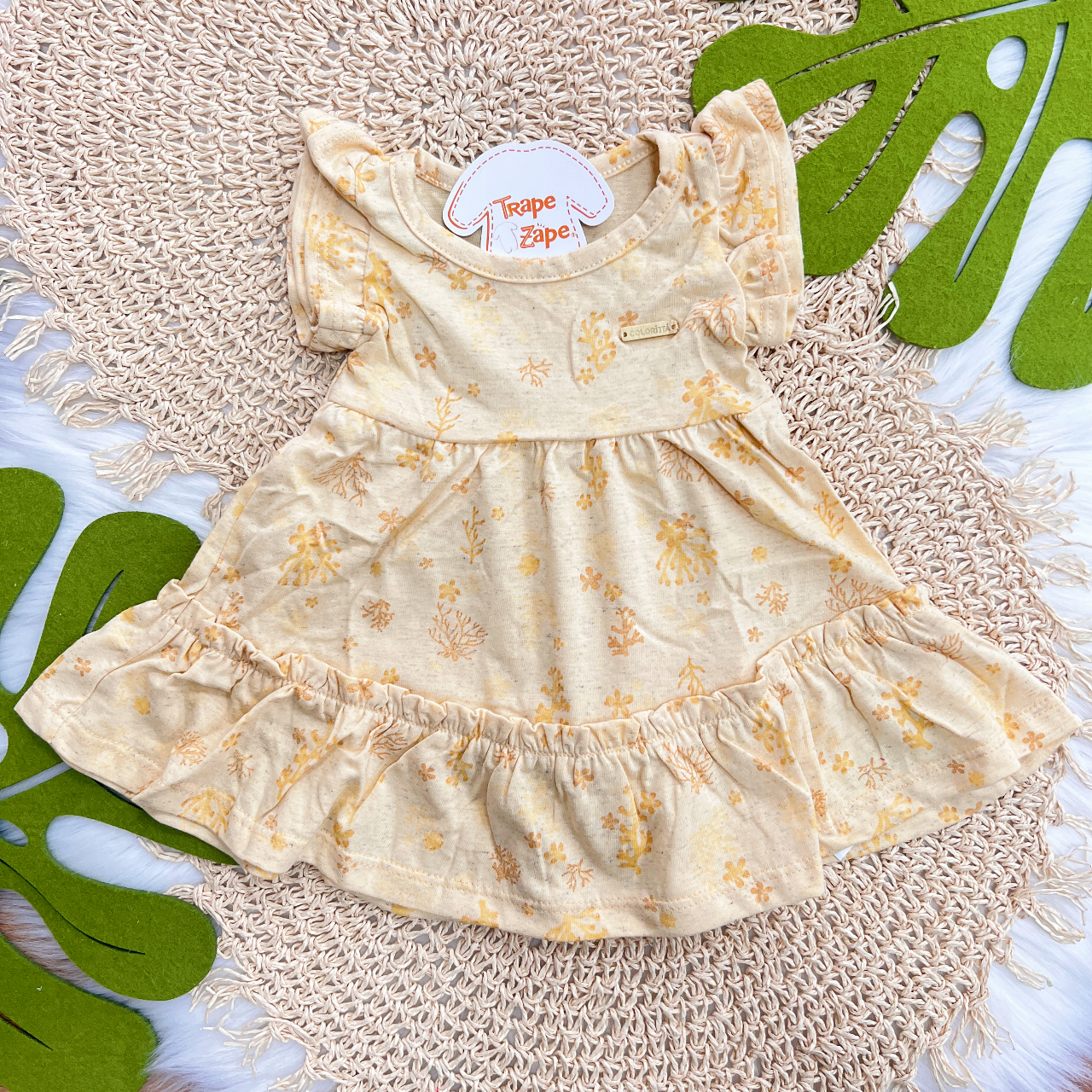 Vestido em Linho Florzinhas e Galhinhos - Amarelo
